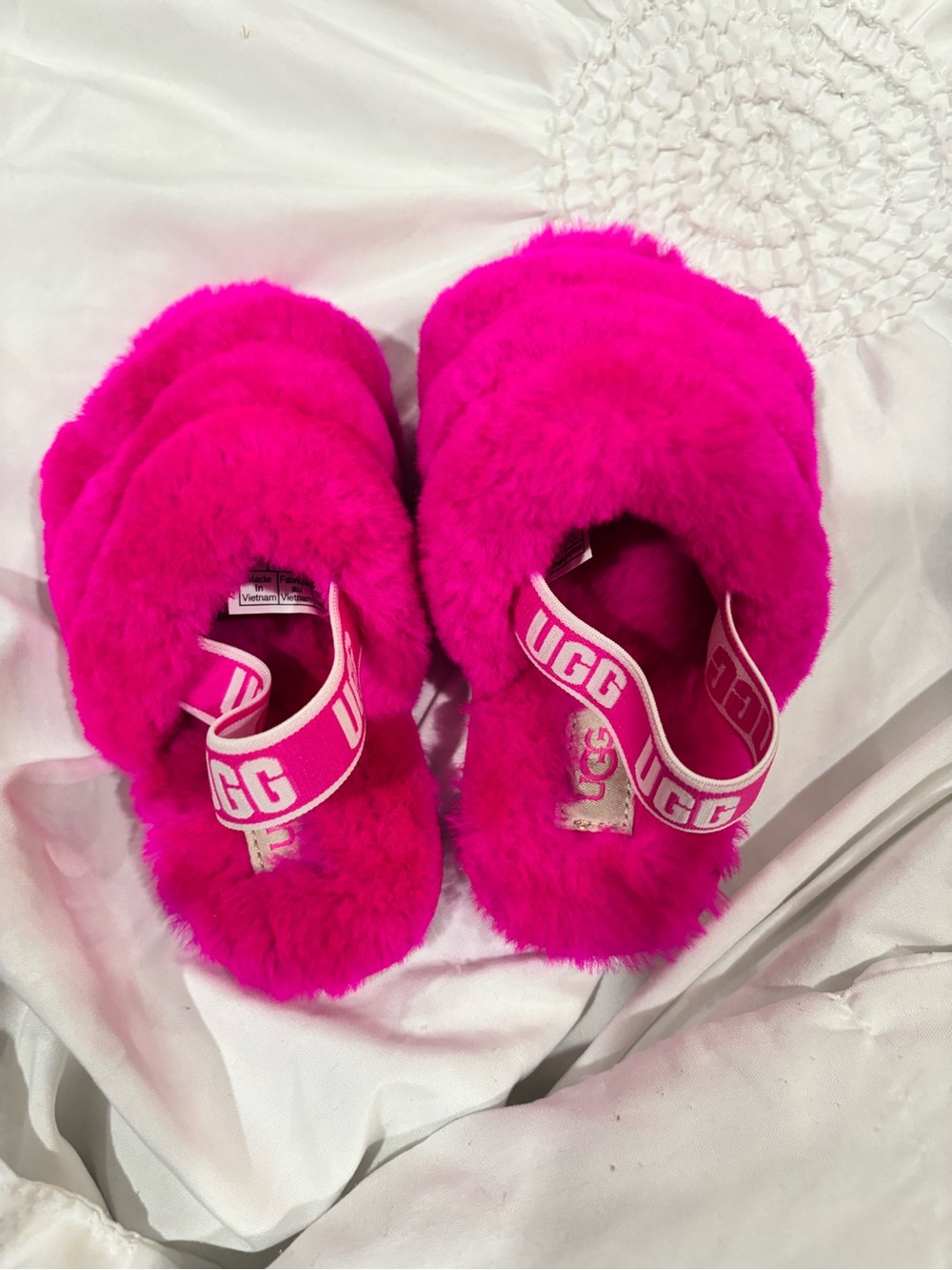UGG Kids Hot Pink Fuzzy Slide Sandals with Branded Strap